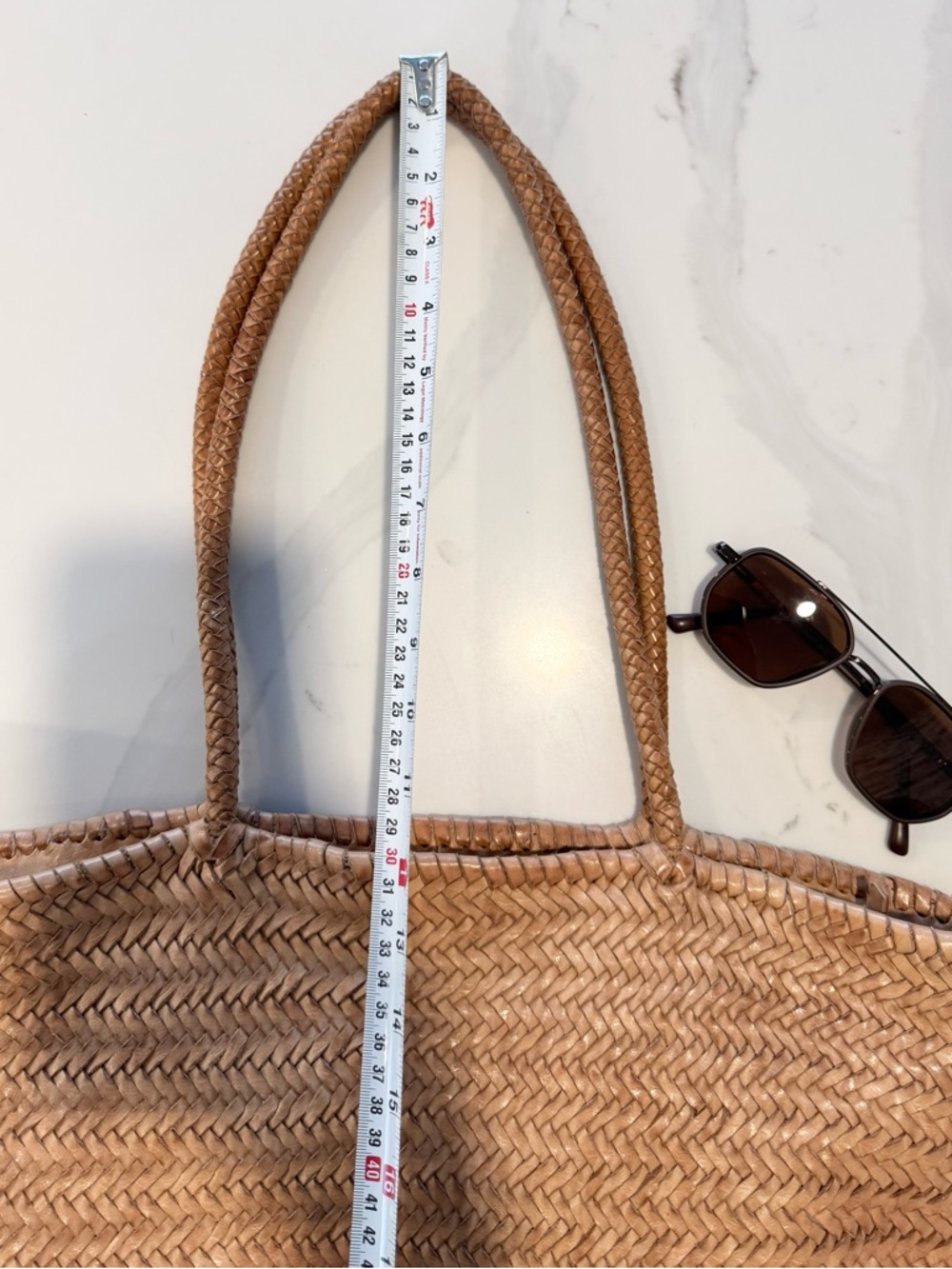 Genuine ✨Leather✨ Woven Tote Bag - Natural Brown, Zipper Top, Multiple Pockets - Picture 8 of 11